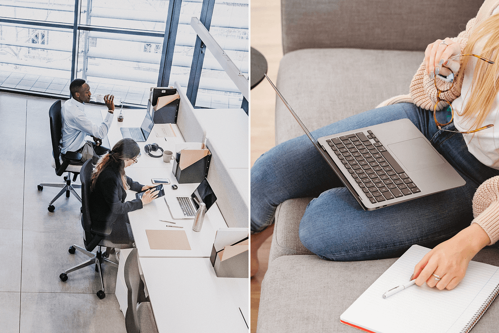 A side by side image of in office and remote workers