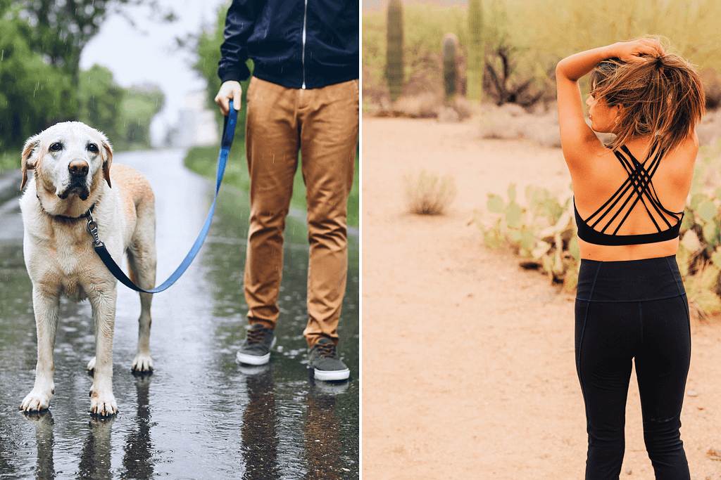Side by side images of a man walking his dog in the rain and a woman running in the desert.