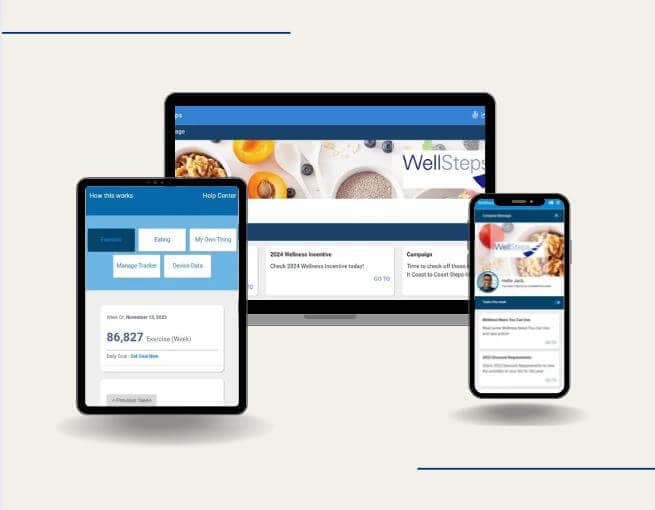 A view of the comprehensive WellSteps portal. An all-in-one employee wellness platform helps companies centralize programs, track engagement, and drive measurable health outcomes across devices.
