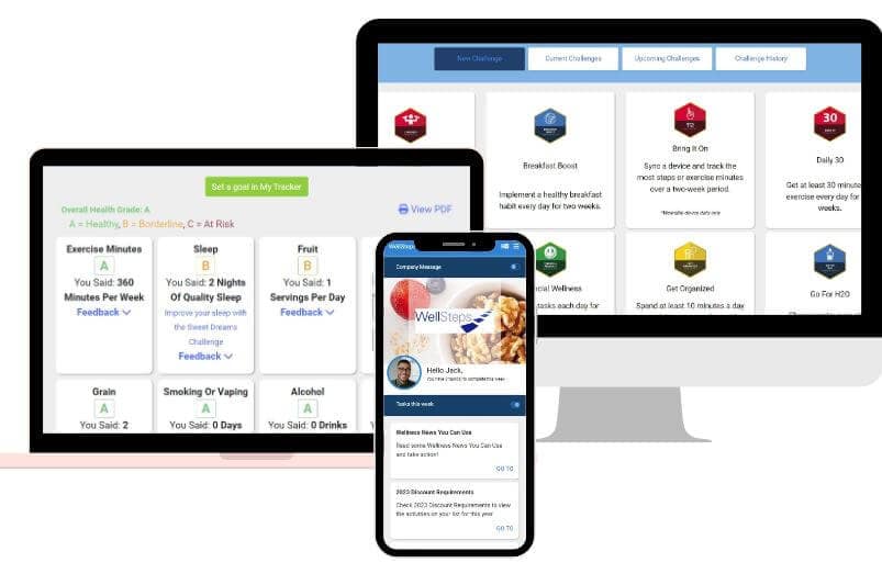 Display of the WellSteps site on a desktop monitor, laptop and phone.