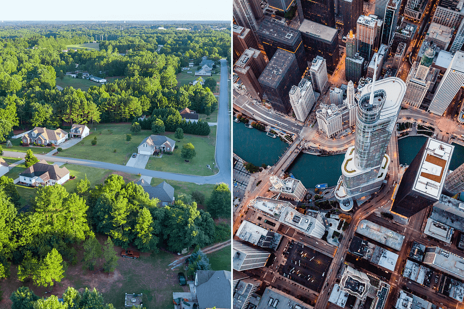 Side-by-side aerial images show a rural town surrounded by trees on the left and a large cityscape with a river and bridges on the right, illustrating employees improving their health through location-based wellness tips. Geographic and climate impacts on employee wellness programs; how to design a wellness program to boost employee health.