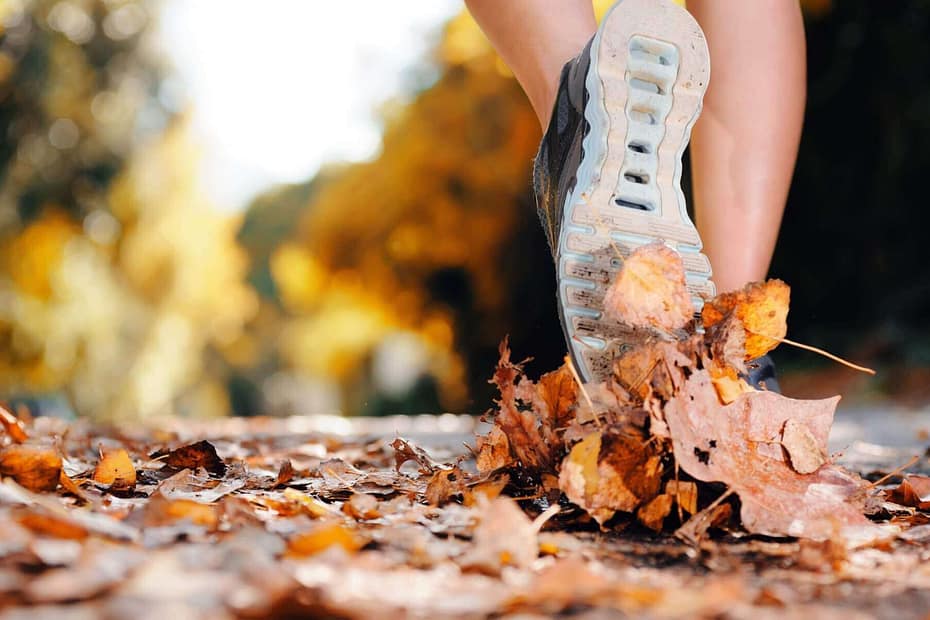Closeup of a person walking on a trail covered in fallen leaves.